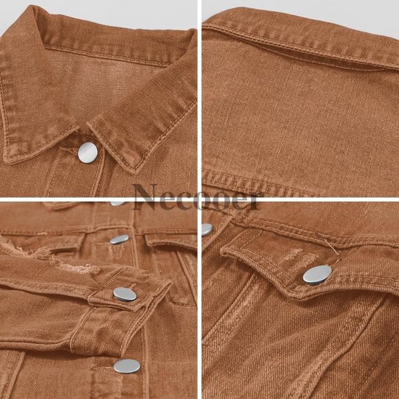 Brand New Women's A-Brown Cotton Necooer Distressed Button-Up Boyfriend Jacket - Picture 6 of 7